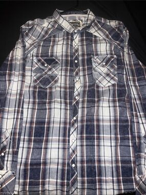 Men's Blue and White Buckle Vintage Plaid Button-Up Shirt